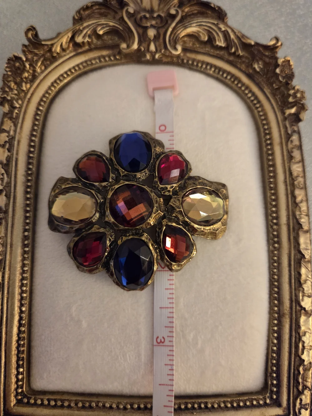 Genuine Vintage Gold-Tone Brooch/pin with Blue, Red, and Amber Glass Stone Inlay